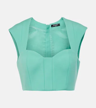 Balmain Wool Crop Top In Blue