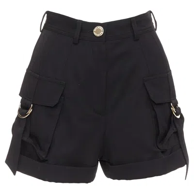 Balmain Wool Gold Logo Button Pocketed Cargo Shorts In Black