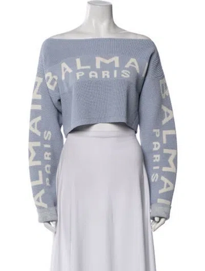 Pre-owned Balmain Wool Graphic Print Sweater In Blue