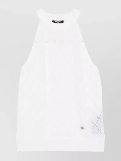 Balmain Wool Halterneck Top Diamond Knit Design In White