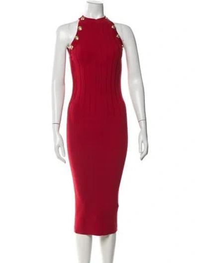 Pre-owned Balmain Wool Midi Length Dress In Red