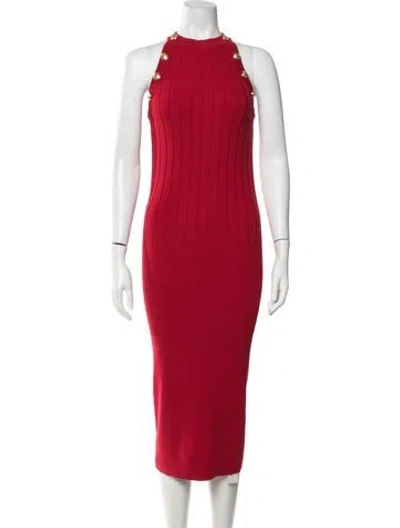 Pre-owned Balmain Wool Midi Length Dress In Red
