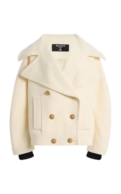Balmain Wool Pea Coat In White