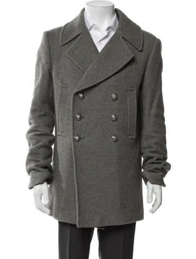 Pre-owned Balmain Wool Peacoat In Gray