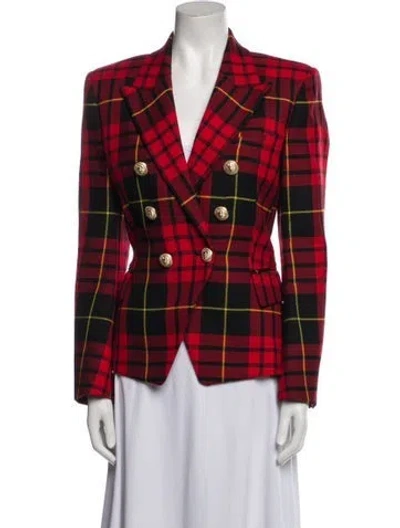 Pre-owned Balmain Wool Plaid Print Blazer In Red