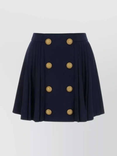 Balmain Wool Pleated Mini Skirt With Gold-tone Buttons In Blue