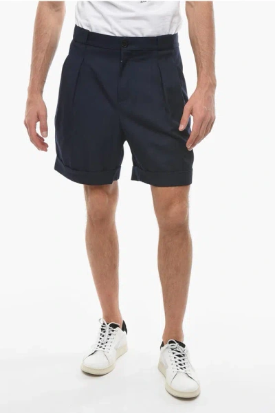 Balmain Wool Straight-leg Shorts With Pleats In Blue
