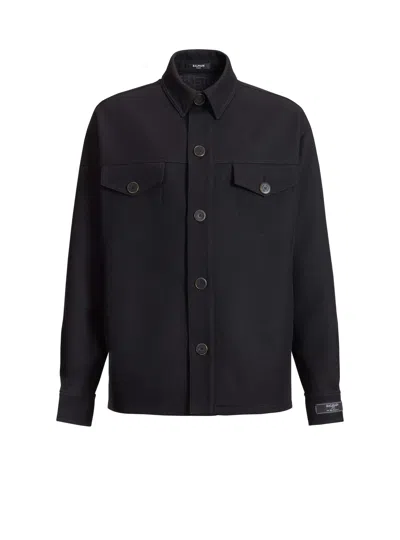Balmain Wool Twill Overshirt In Black
