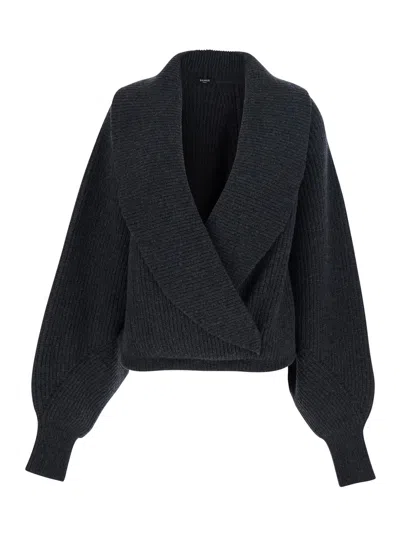 Balmain Wool Wrap-effect Sweater In Black