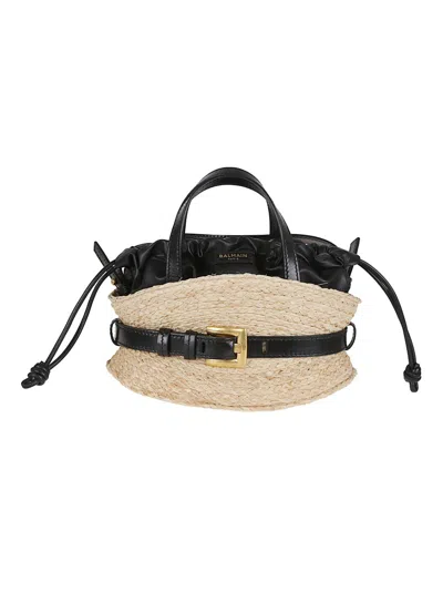Balmain Woven Raffia Crossbody Bag In Neutral