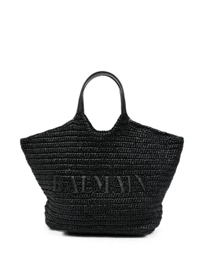 Balmain Woven Shoulder Bag With Embroidered Logo In Black