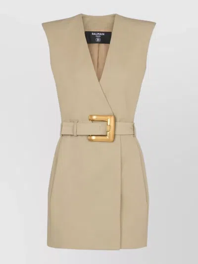 Balmain Wrap Cotton Gabardine Dress Belt Detail In Neutral