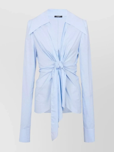 Balmain Mini Vichy Poplin Knotted Shirt In Slj Bleu Pale Blanc