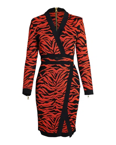 Balmain Wrap-effect Printed Knit Dress In Orange Viscose In Multi