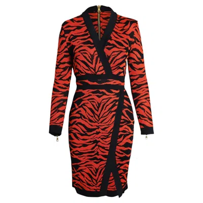 Pre-owned Balmain Wrap-effect Printed Knit Dress In Orange Viscose