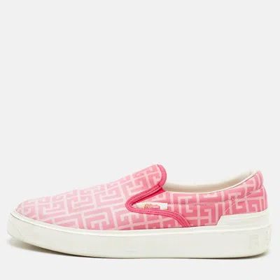 Pre-owned Balmain X Barbie Size 44 Pink/white Monogram Canvas Slip On Sneakers