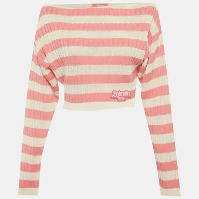 Pre-owned Balmain X Barbie White/pink Striped Rib Knit Cropped Sweater S In Multi