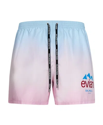 Balmain X Evian Gradient Swim Shorts In White
