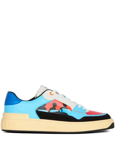 Balmain Blue & Red Calfskin B-court Flip Prince Gyasi Print Sneakers In Multi