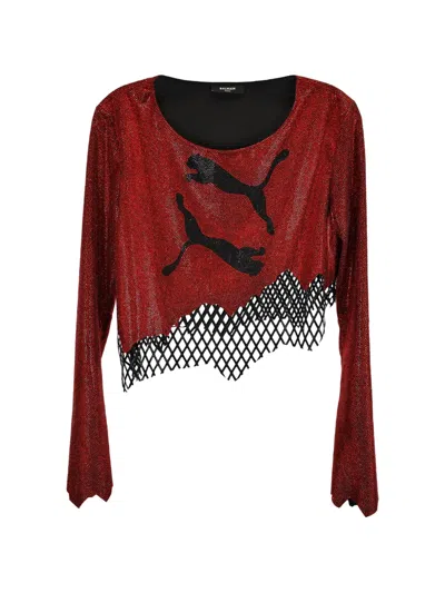 Pre-owned Balmain X Puma Asymmetric Rhinestone-embellished Top In Red