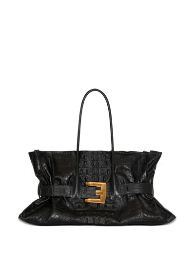 Balmain Xl Anthem Embossed-crocodile Buckle Tote Bag In Black