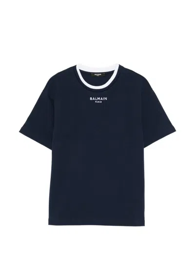 Balmain Youth Relaxed Fit Neck T-shirt With Embroidered Logo In Blue