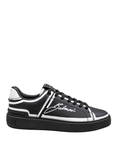 Balmain Sneakers B-court Leather With Black Print In Negro
