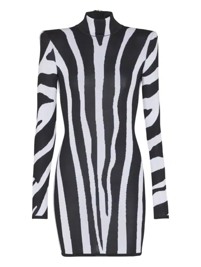 Balmain Zebra-intarsia High-neck Mini Dress In Black