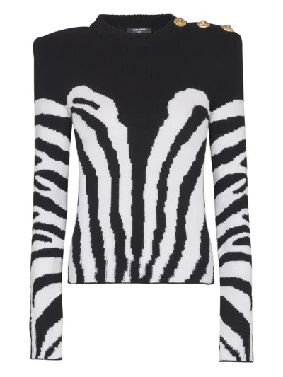 Balmain Zebra-pattern Padded-shoulder Sweater In Multi