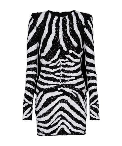 BALMAIN BALMAIN SHORT TWO-TONE ZEBRA SEQUIN DRESS