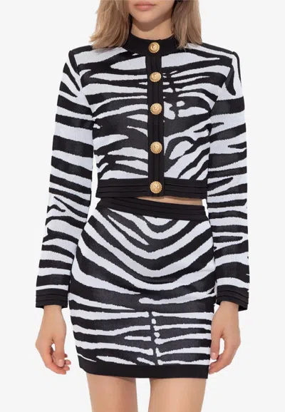 Balmain Zebra Print Cropped Cardigan In Monochrome