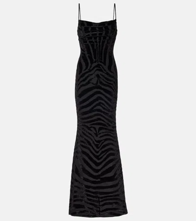Balmain Zebra-print Velvet Maxi Dress In Black