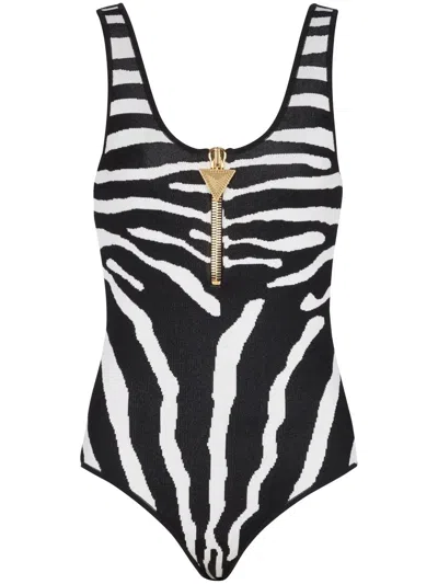Balmain Zebra-print Zip-up Bodysuit In Black
