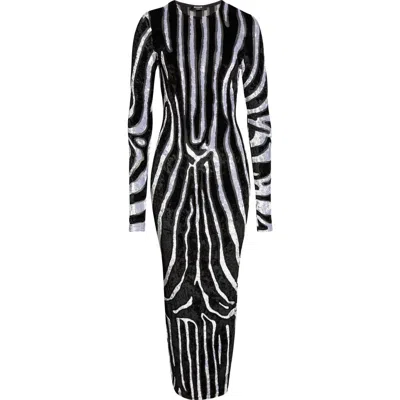 Balmain Zebra Stripe Cutout Long Sleeve Velvet Body-con Dress In Brown