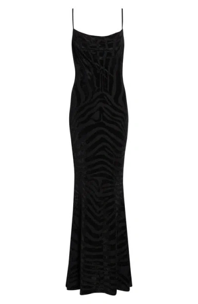 Balmain Zebra Stripe Velvet Gown In Black