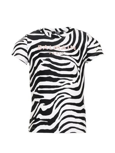 Balmain Kids' Zebra-print Logo-print T-shirt In Black