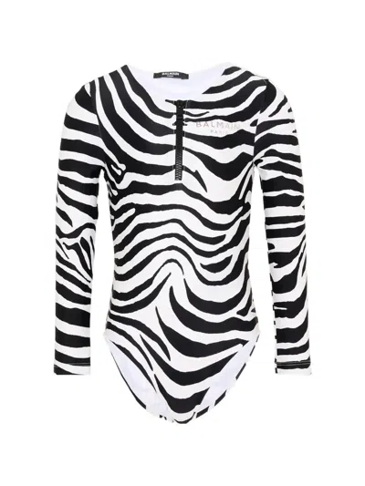 Balmain Kids' Zebra-print Long-sleeve Swimsuit In Animal Print