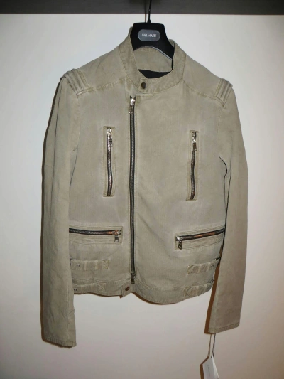 Pre-owned Balmain Zip Biker Jacket In Khaki