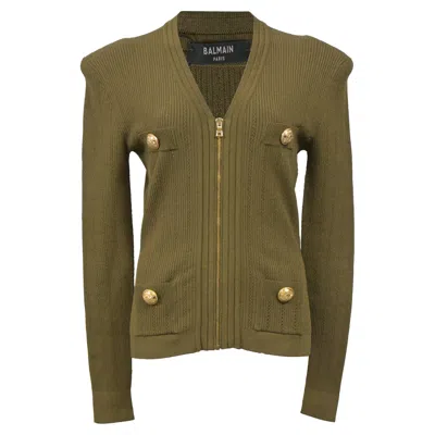 Balmain Zip Cardigan In Olive Green Wool