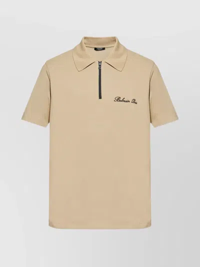 Balmain Zip Collar Short Sleeve Polo In Brown