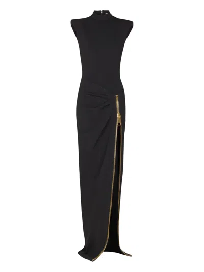 Balmain Zip-detail Shoulder-pad Maxi Dress In Black