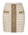 Balmain Button Embellished Front Zip Tweed Mini Skirt In Nude