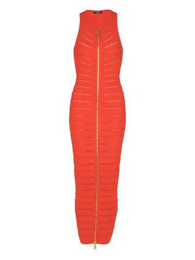 Balmain Zip-front Knitted Maxi Dress In Orange