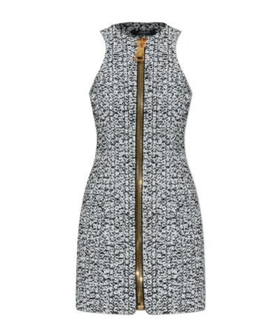Balmain Zip-front Tweed Mini Dress In Gray
