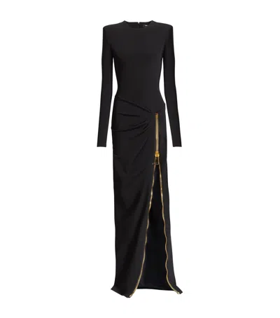 Balmain Long Slit Dress With Zip In Black