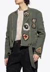 Balmain Denim Biker Jacket With Embroidered Patches In Gray