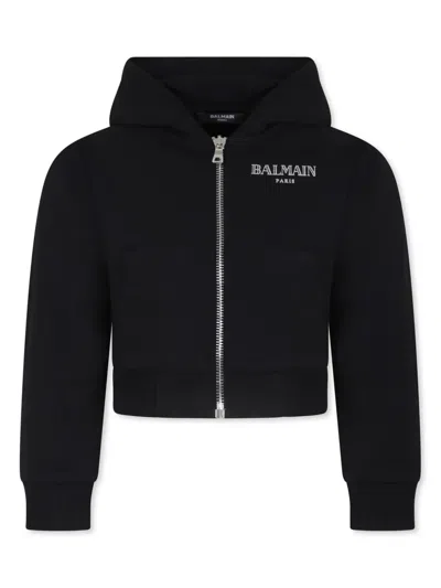 Balmain Logo-embroidered Zip-fastening Hoodie In 黑色