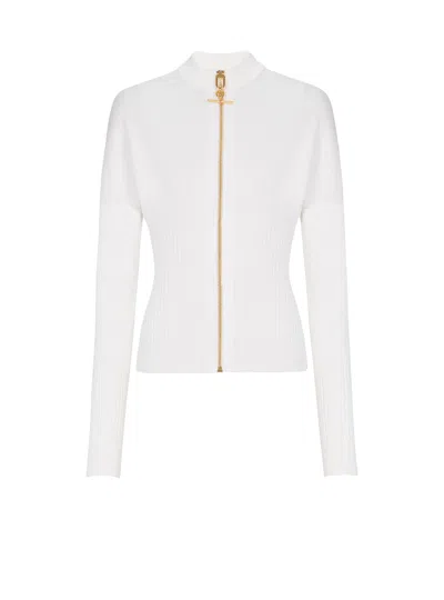 Balmain Zipped Knit Cardigan In White