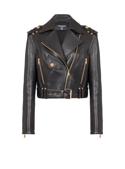 Balmain Zipped Leather Biker Jacket In Black