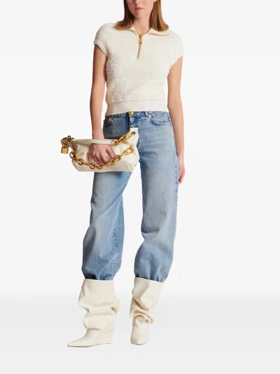 Balmain Zipped Short Sleeve Knit Tweed Top In Neutral